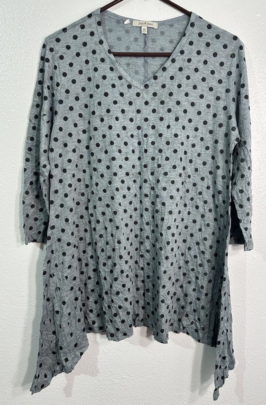 Jess & Jane Women’s Medium Gray Black Polka Dot Tunic Top Asymmetrical USA Made